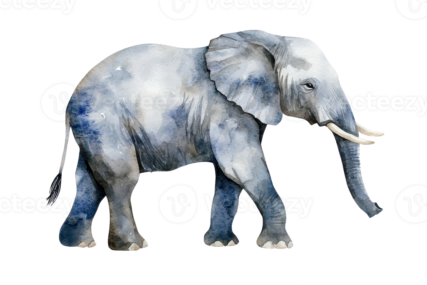 A watercolor illustration of an elephant with distinctive features, showcasing its size and intricate details. png
