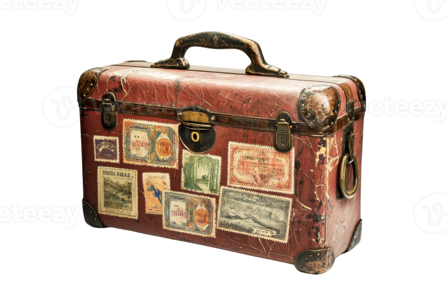 A vintage suitcase adorned with various travel stickers, showcasing its age and charm. png