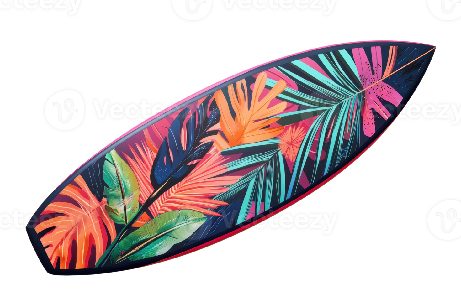 A vibrant surfboard adorned with colorful tropical leaf patterns, showcasing a lively and artistic design. png