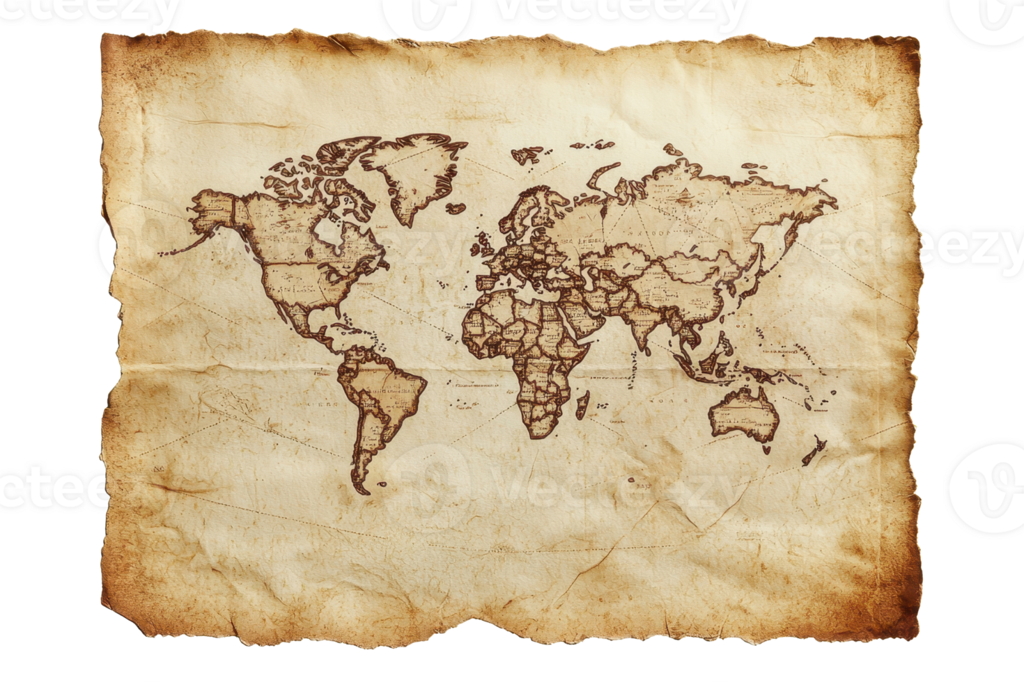 An antique world map featuring geographic outlines and labels, illustrated on aged parchment with a vintage appearance. png
