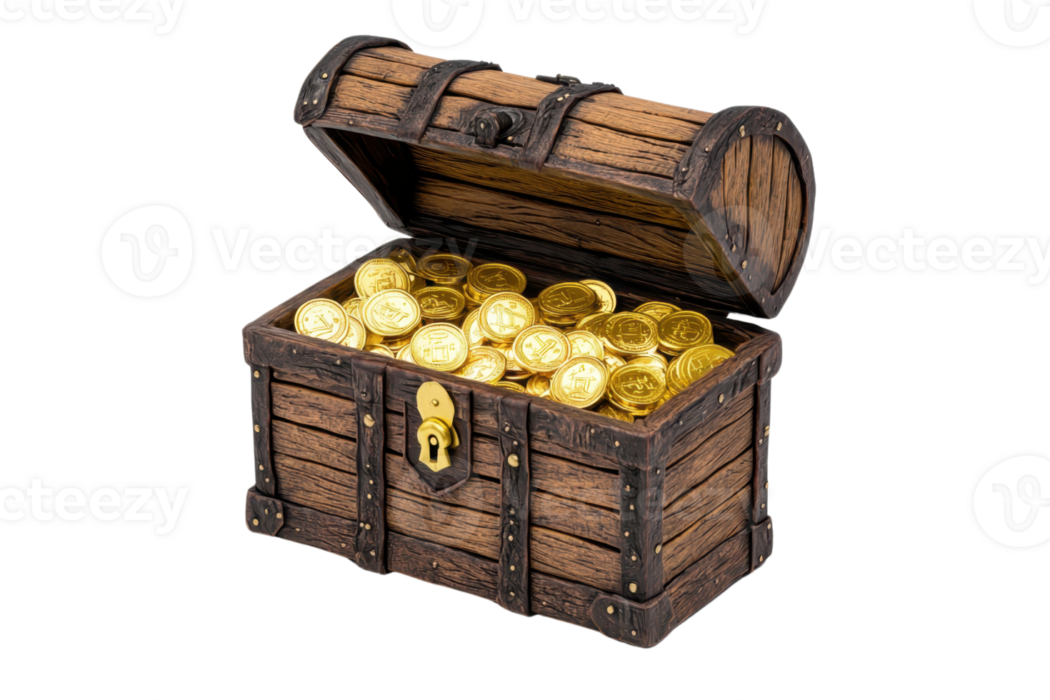 A wooden treasure chest overflowing with shiny gold coins. png