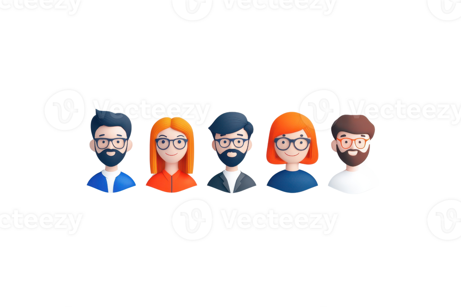 A collection of five stylized characters with glasses, featuring various hairstyles and colors, showcasing a diverse representation. png