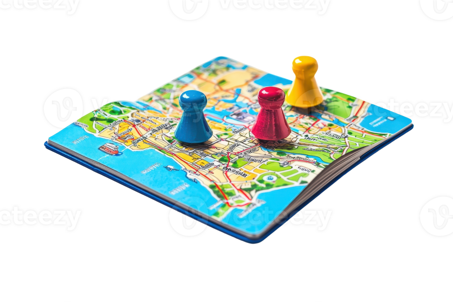A colorful map with three game pieces placed on it, highlighting different locations. png