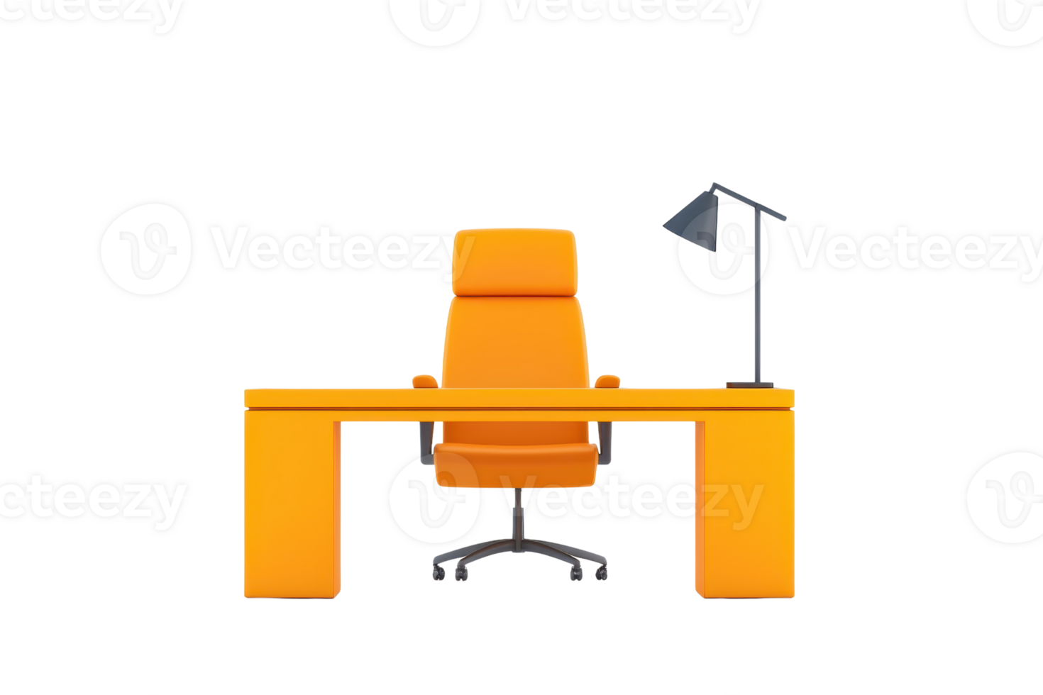 A modern orange office desk with a matching ergonomic chair and a sleek desk lamp. png