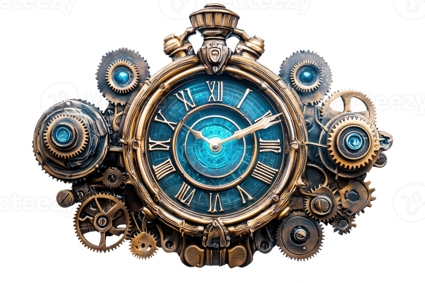 A detailed, vintage clock adorned with intricate gears and a blue face, showcasing a blend of steampunk aesthetics and precision craftsmanship. png