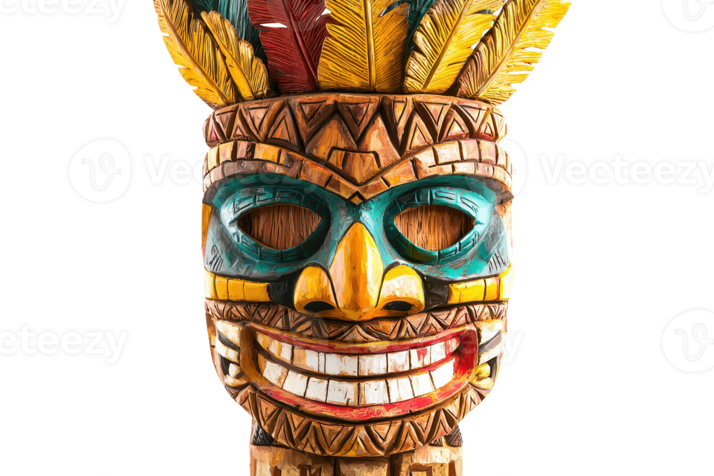 A colorful carved mask adorned with feathers, showcasing intricate patterns and a smiling face. png