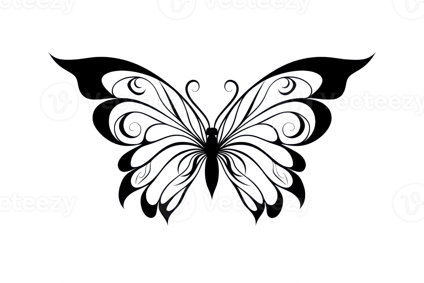 A detailed black silhouette of a butterfly, showcasing intricate swirls and patterns on its wings. png
