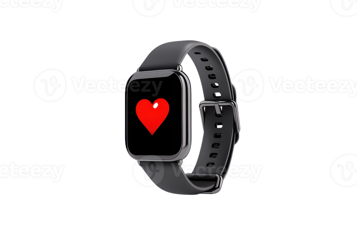 A sleek smartwatch displaying a red heart icon on its screen, symbolizing health monitoring and fitness tracking. png
