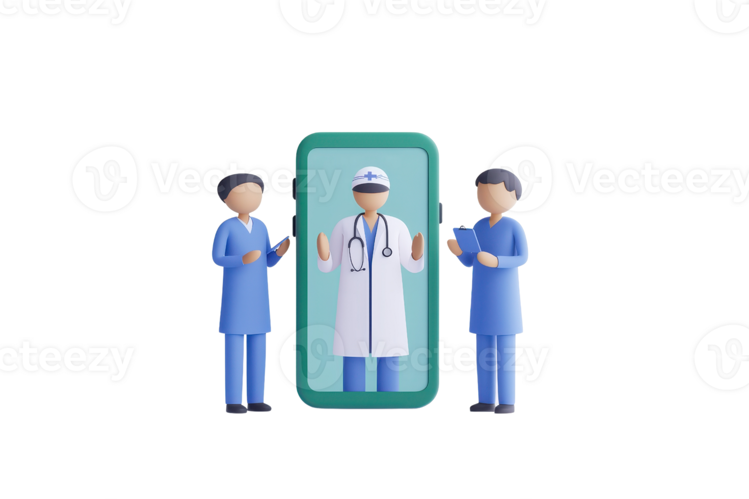 A digital representation of three healthcare professionals, with one wearing a doctor's coat and stethoscope, framed by a device. png