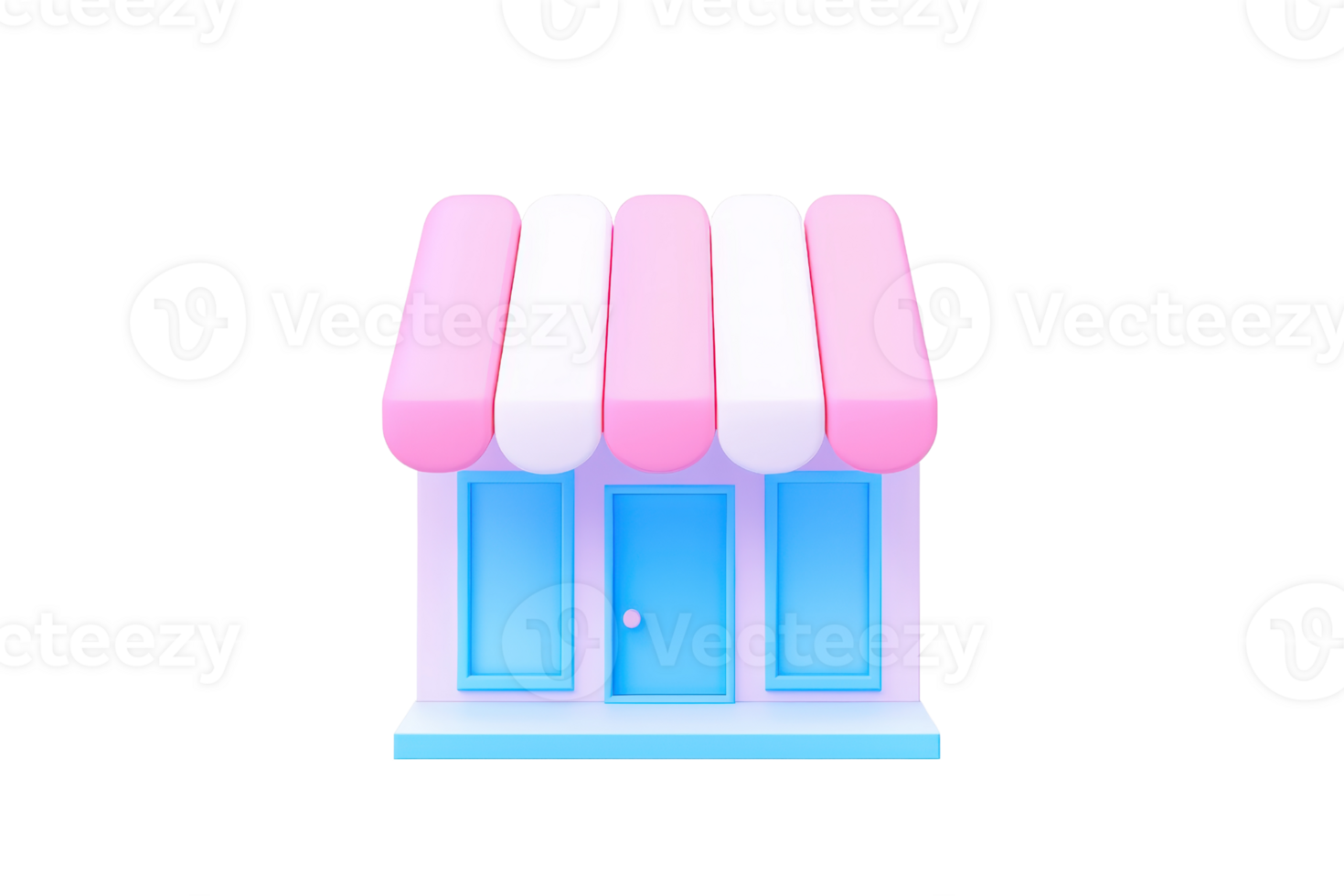 A colorful storefront with pink and white awnings, featuring two blue doors, designed to attract customers. png