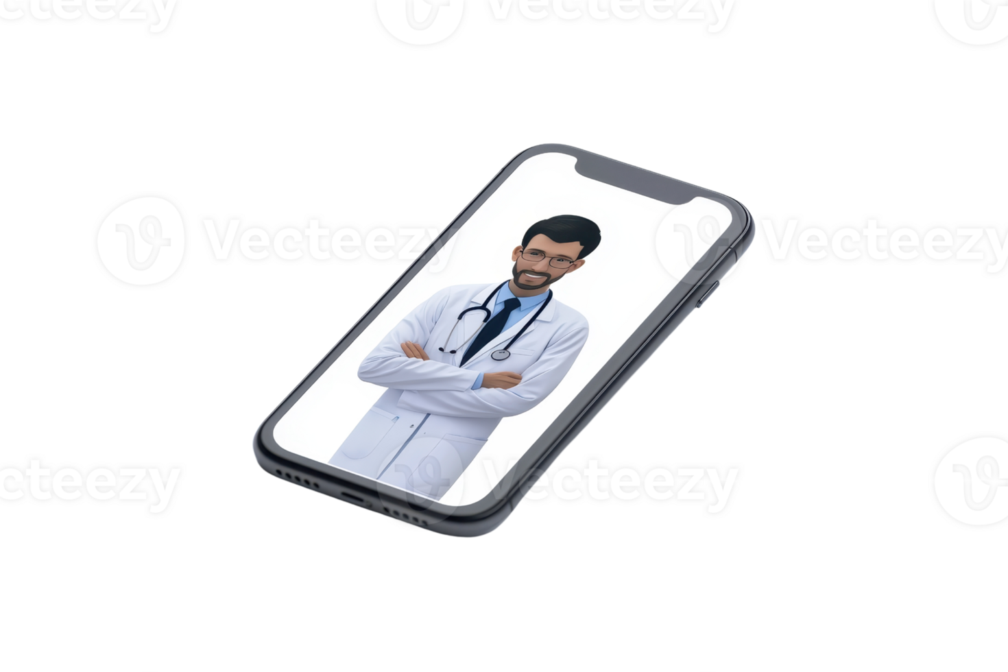 A smartphone displaying a man in a white coat with a stethoscope, portraying a medical professional. png