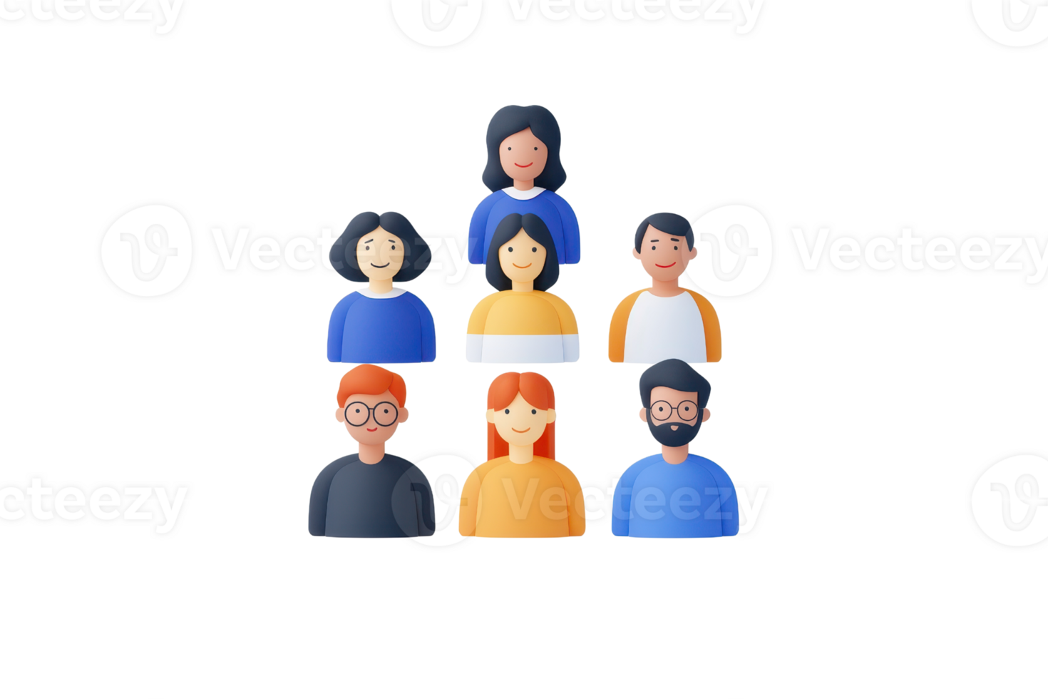 The image features a group of diverse, stylized avatars arranged in a pyramid formation, showcasing various hairstyles and clothing colors. png