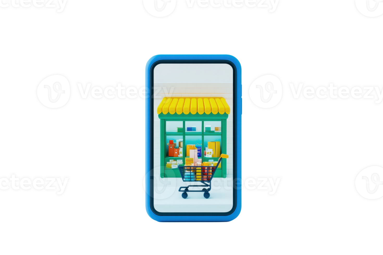 A colorful storefront with a yellow awning and a shopping cart filled with various items. png
