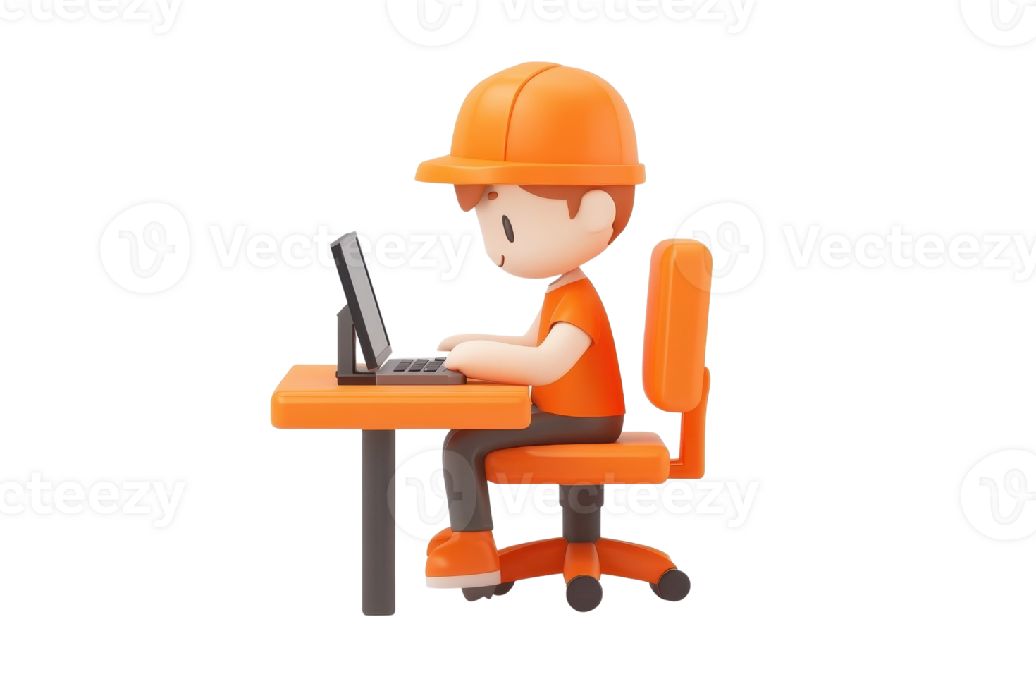 A cartoon character in orange attire sits at a desk, focused on a laptop while typing. png