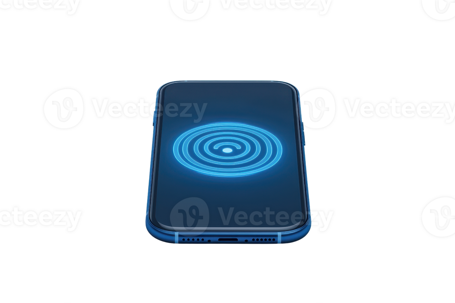 A sleek smartphone displays a glowing blue circular pattern on its screen, indicating a wireless charging feature. png