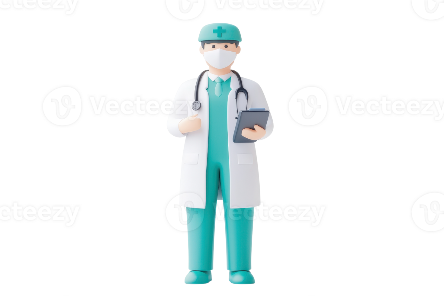 A medical professional in scrubs and a mask holds a clipboard, symbolizing healthcare and patient care. png