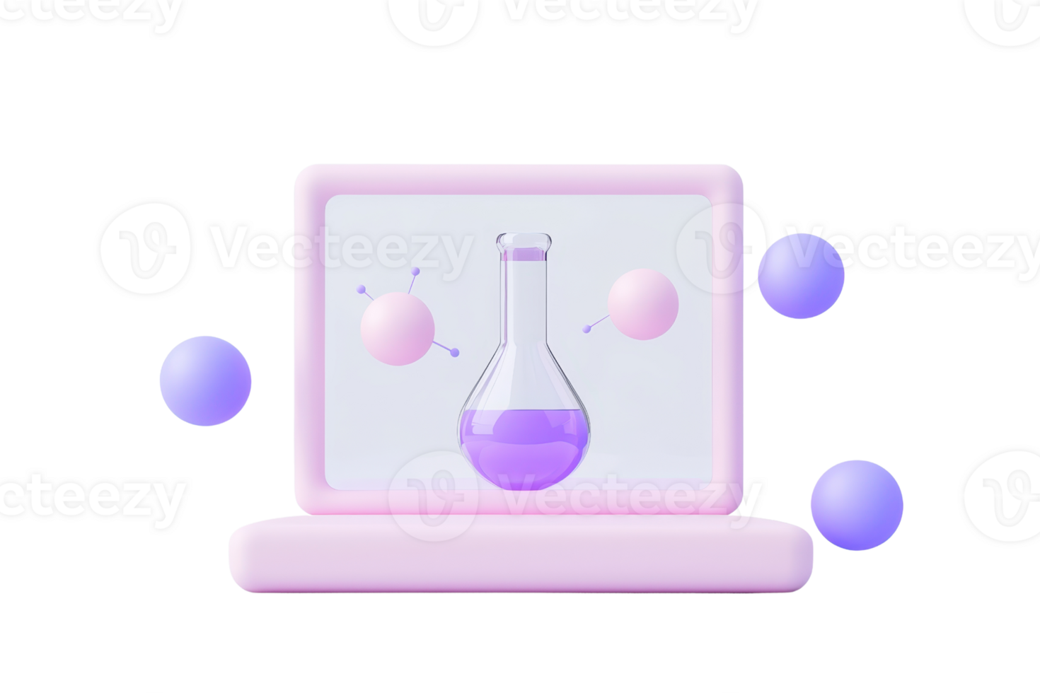 A digital illustration of a laptop displaying a purple laboratory flask, surrounded by colorful molecular spheres. png