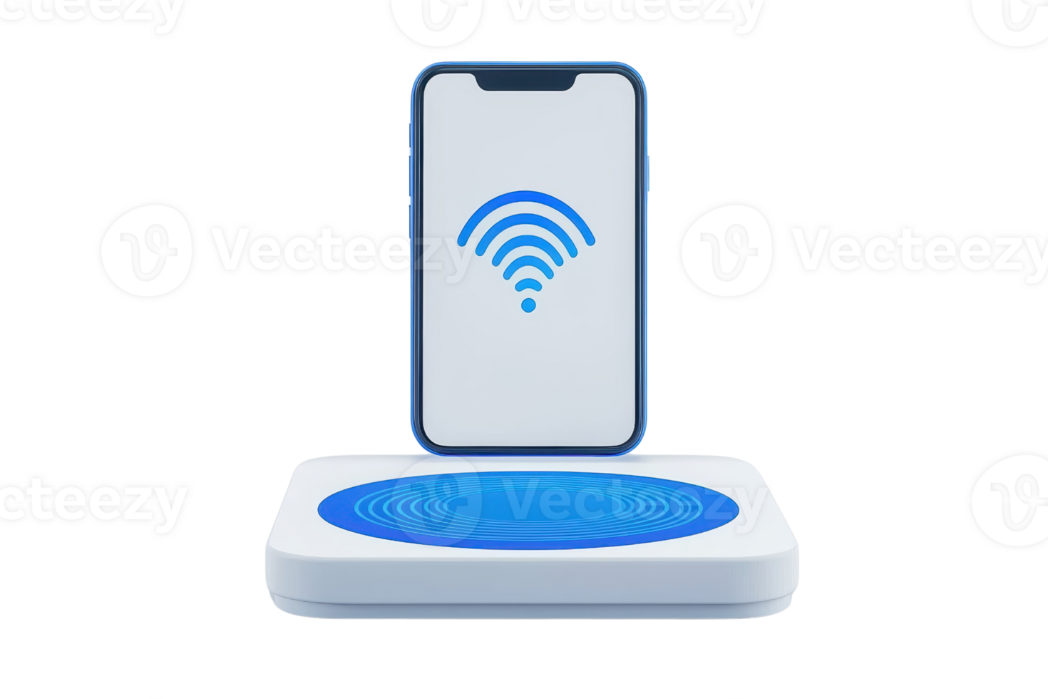 A smartphone displaying a wireless signal icon placed above a charging pad with a blue design. png