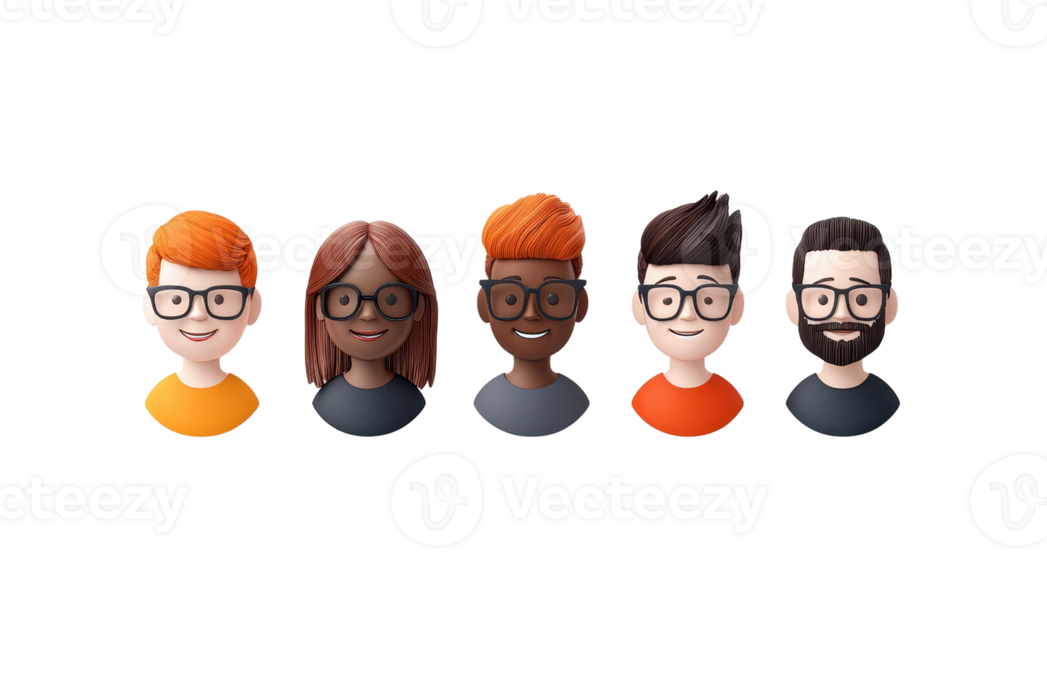 Five diverse cartoon avatars with varying hairstyles and accessories, showcasing different skin tones and glasses. png