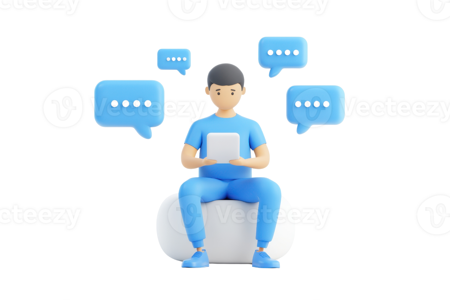 A young person in blue attire engages with a device, surrounded by speech bubbles indicating communication. png