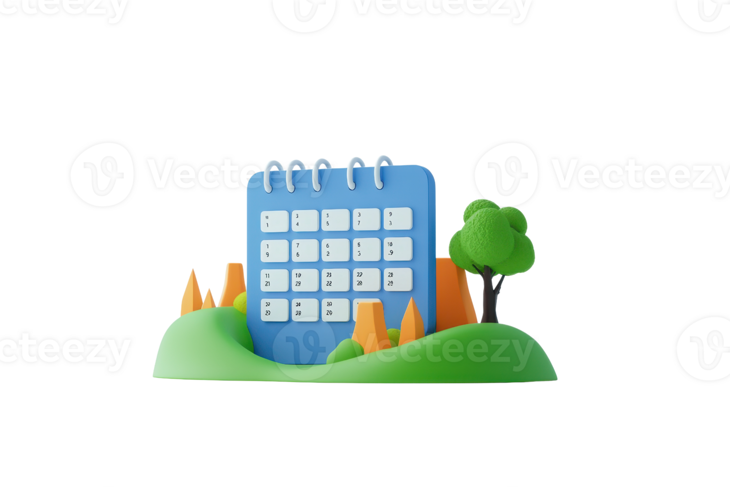 A colorful calendar model featuring a blue cover, white date squares, and surrounded by green hills, trees, and orange cones. png