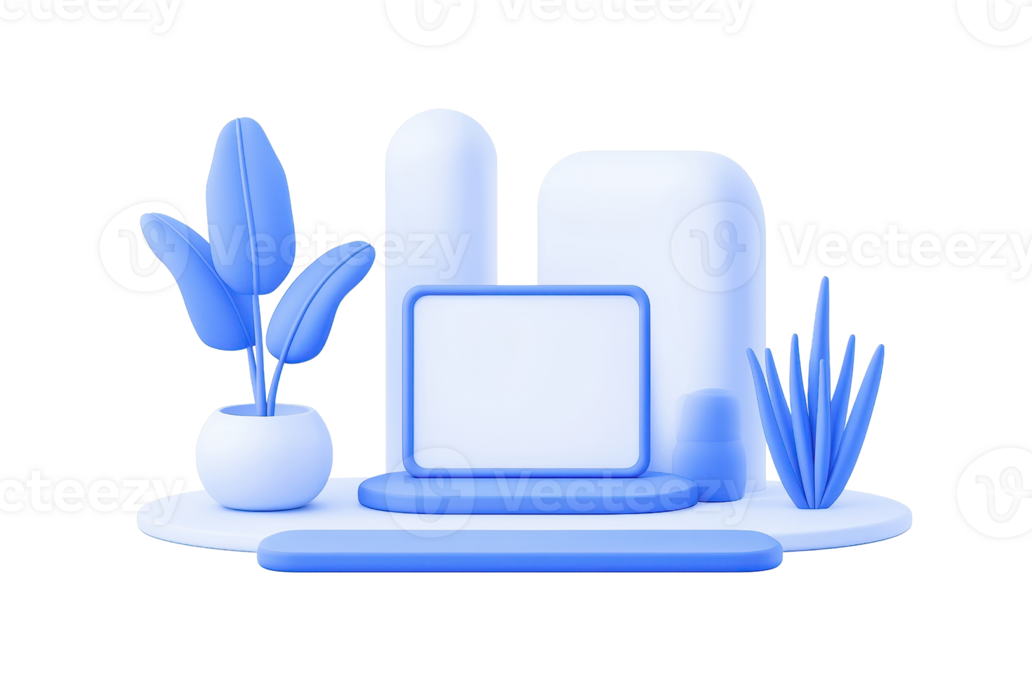 A modern, minimalist display featuring a laptop, geometric shapes, and decorative plants in a cool blue color palette. png