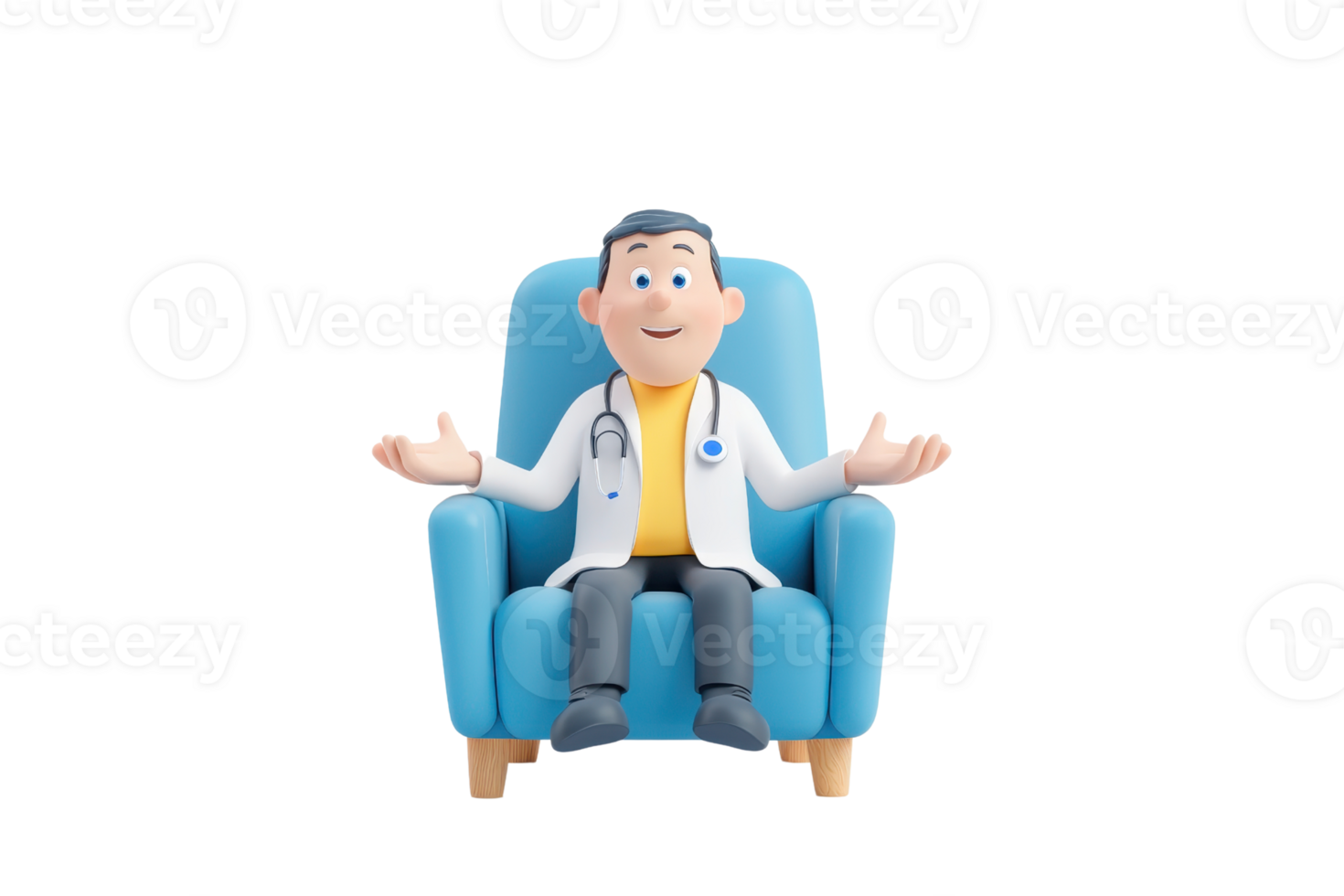 A cheerful cartoon doctor sitting in a blue chair, gesturing with open hands, conveying friendliness and approachability. png