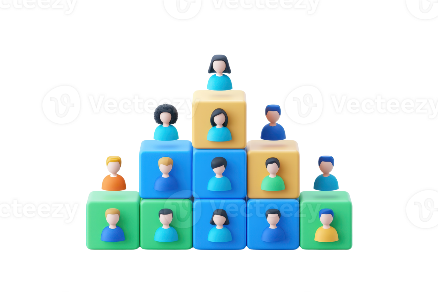 Colorful blocks arranged in a pyramid shape, featuring various human figures on top, representing teamwork or community. png
