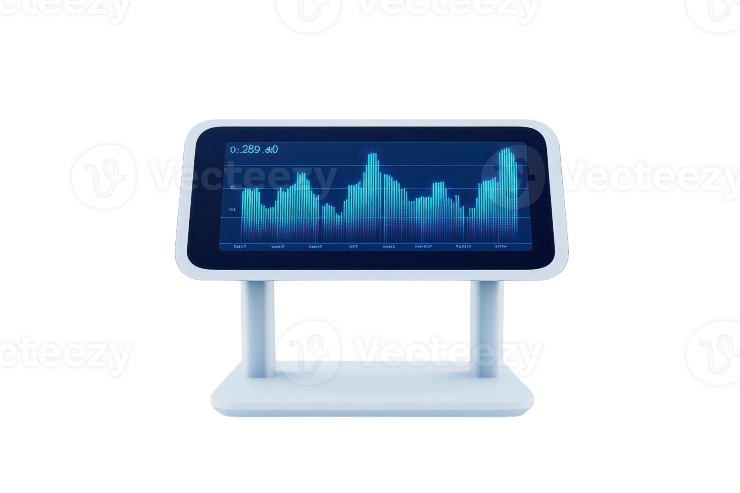 A sleek display screen shows a digital graph with audio waveforms in vibrant blue tones. png