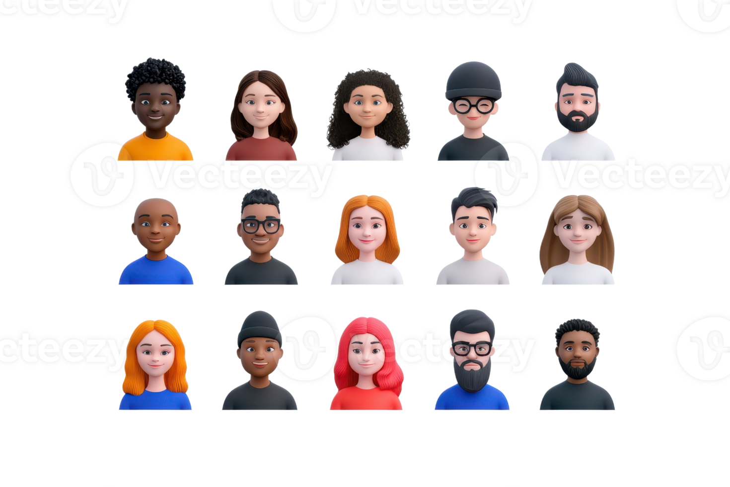 A collection of diverse 3D character avatars featuring various hairstyles, skin tones, and expressions. png