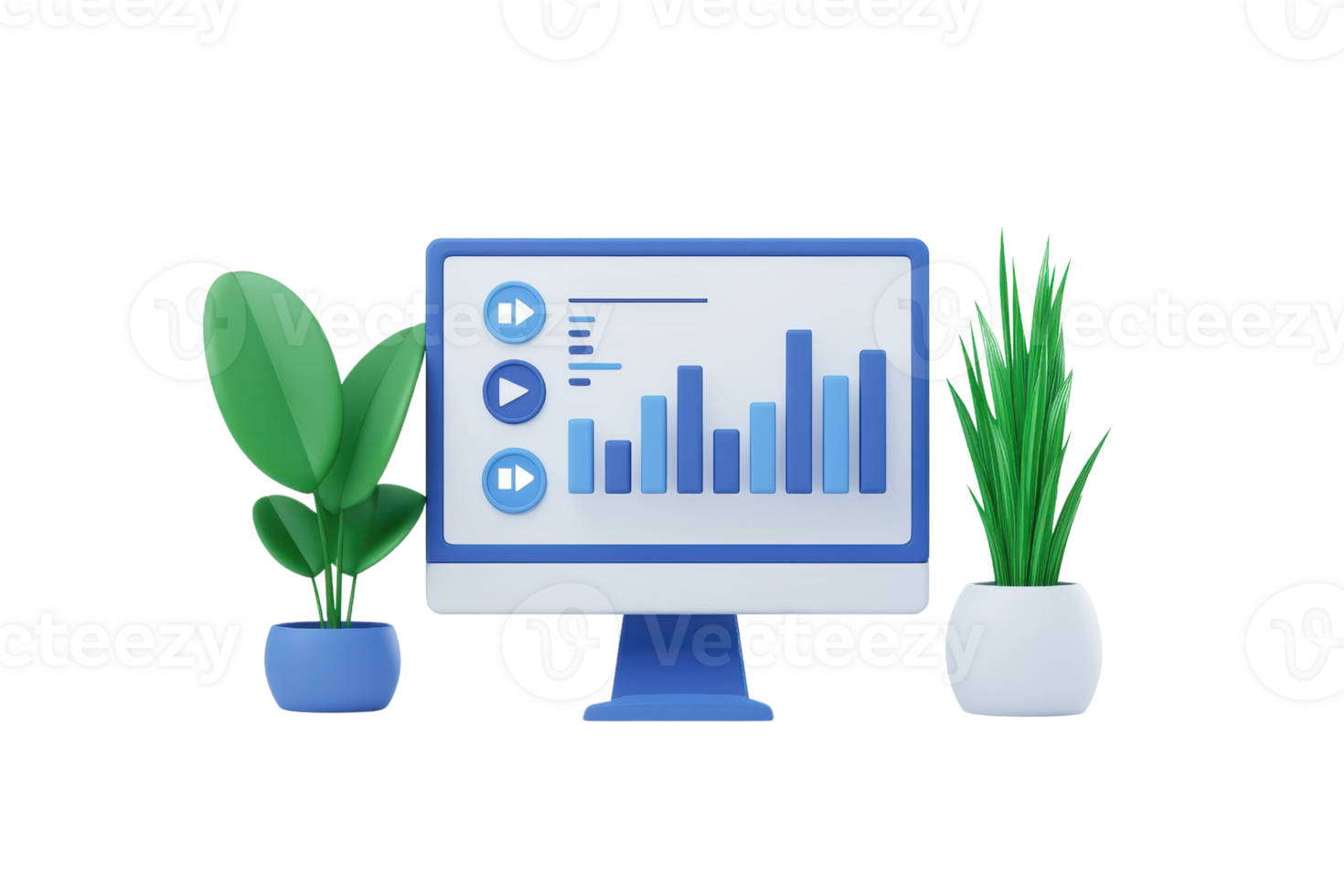 A computer monitor displays data visualizations alongside decorative potted plants, creating a modern workspace atmosphere. png