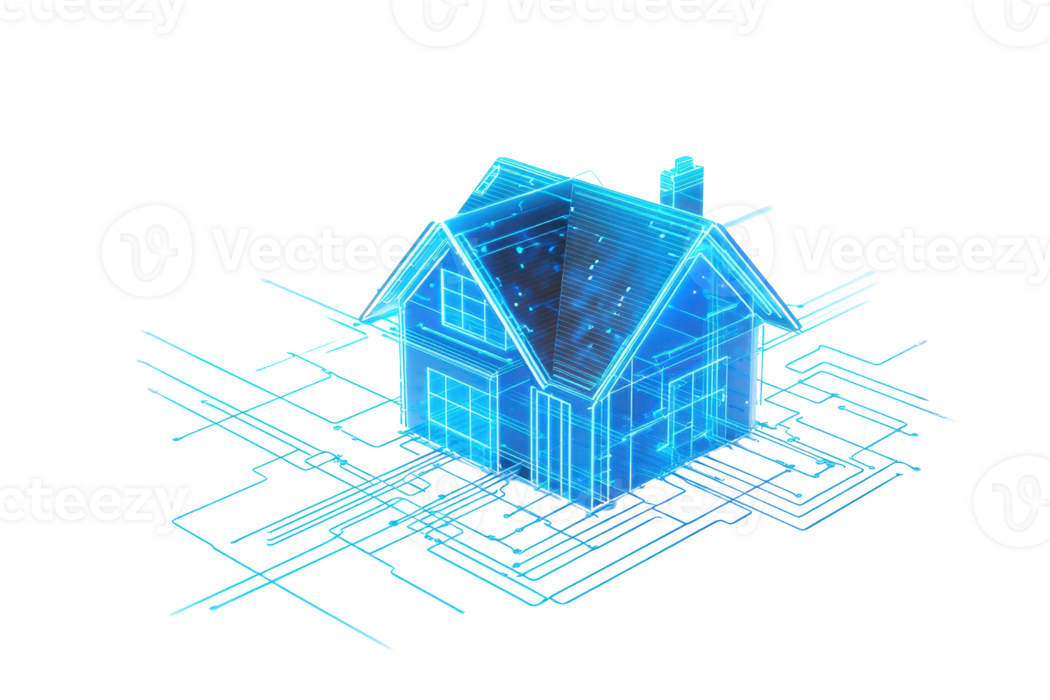 A futuristic digital representation of a house, showcasing advanced technological elements and a blueprint design. png