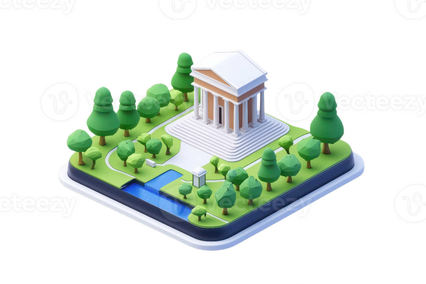 A stylized architectural model featuring a classic temple surrounded by trees and a small water feature. png