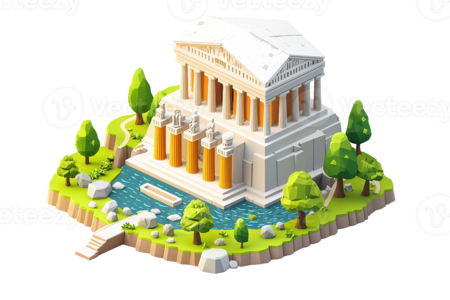 A stylized ancient temple with columns, surrounded by trees and water, showcasing classical architecture in a vibrant, cartoon-like design. png