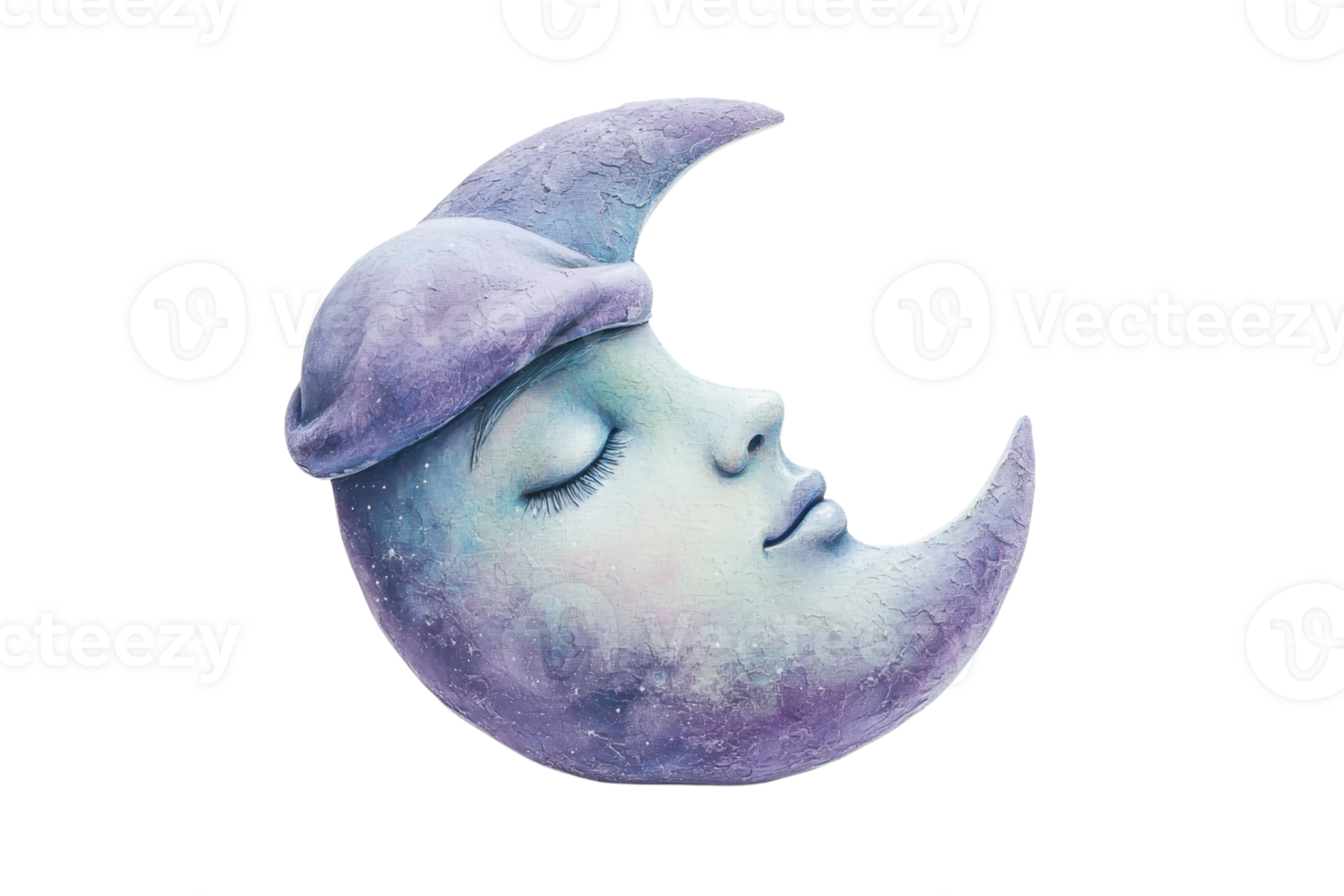 A serene crescent moon with a peaceful face wearing a hat, embodying a dreamy and whimsical vibe. png