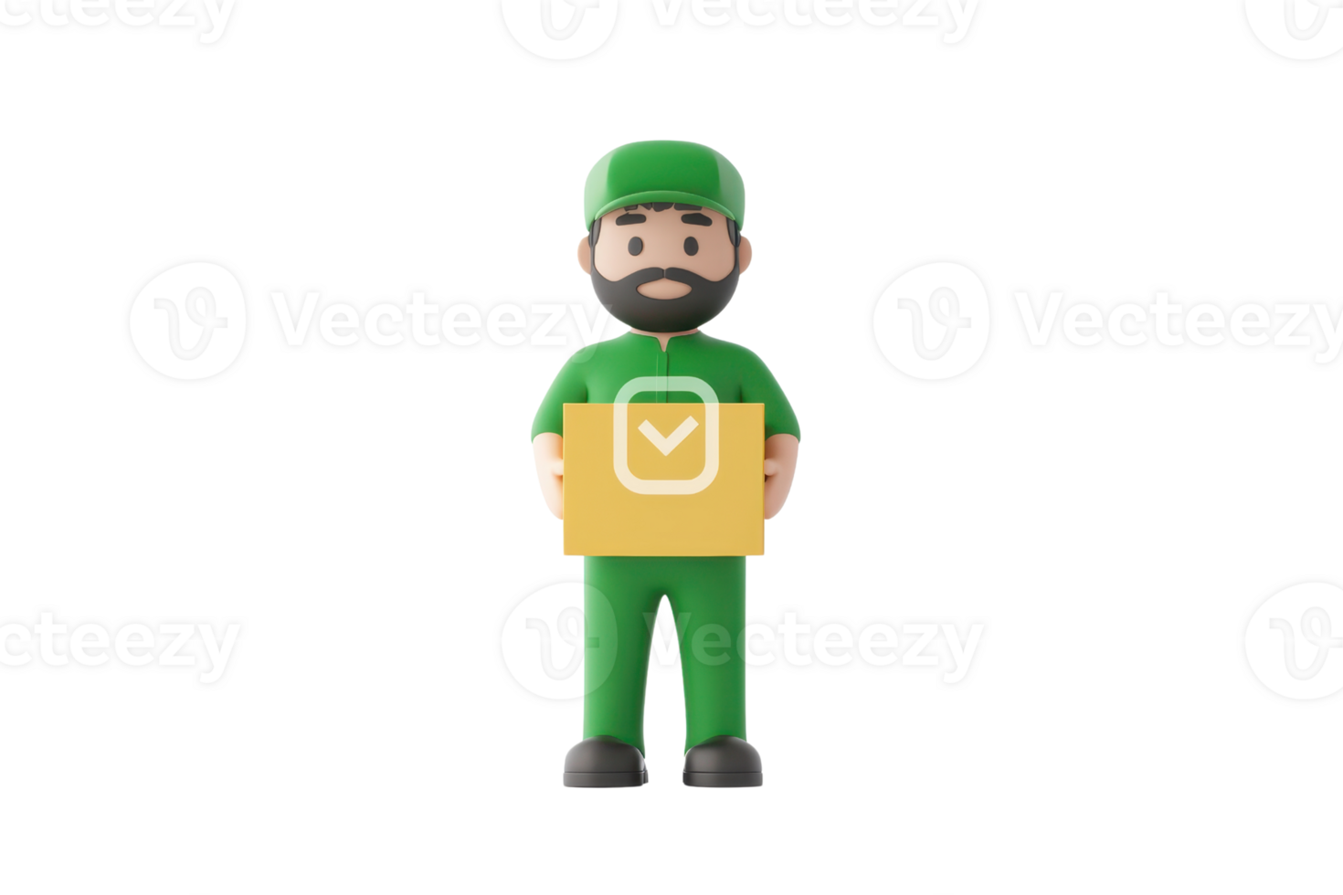 A cheerful delivery worker in green attire holds a package with a checkmark symbol, symbolizing successful delivery. png