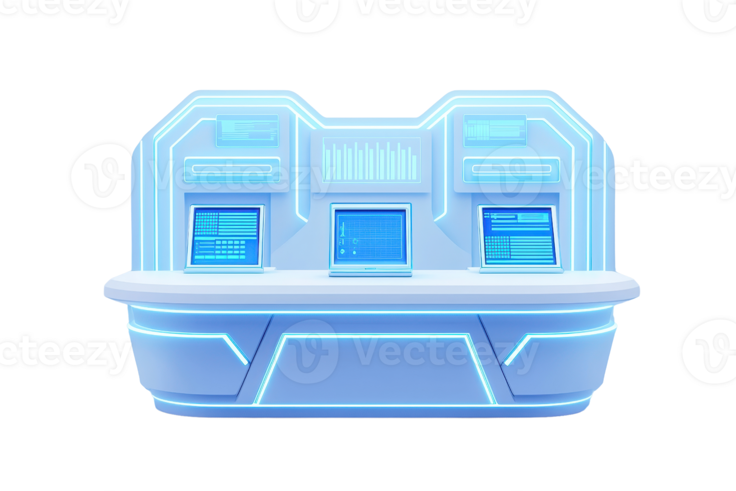 A futuristic console with glowing screens and a sleek design, featuring multiple display panels and illuminated accents. png