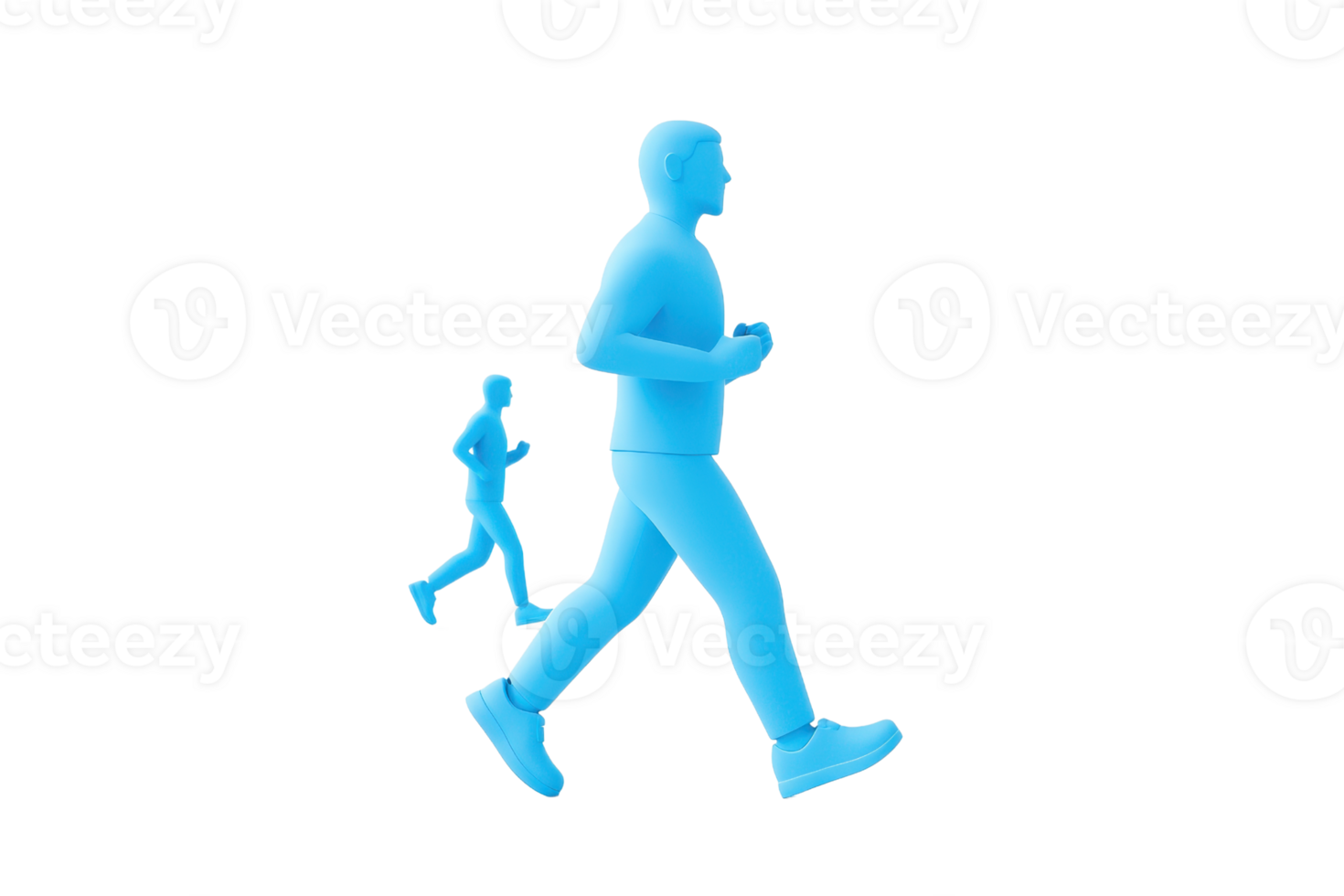 Two stylized figures in blue are depicted in motion, one walking briskly while the other jogs, showcasing dynamic movement. png
