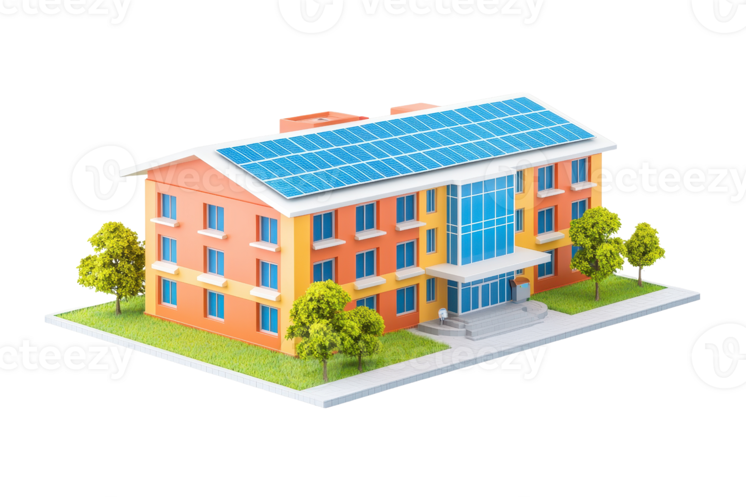 A modern, eco-friendly building featuring solar panels, landscaped greenery, and a welcoming entrance. png