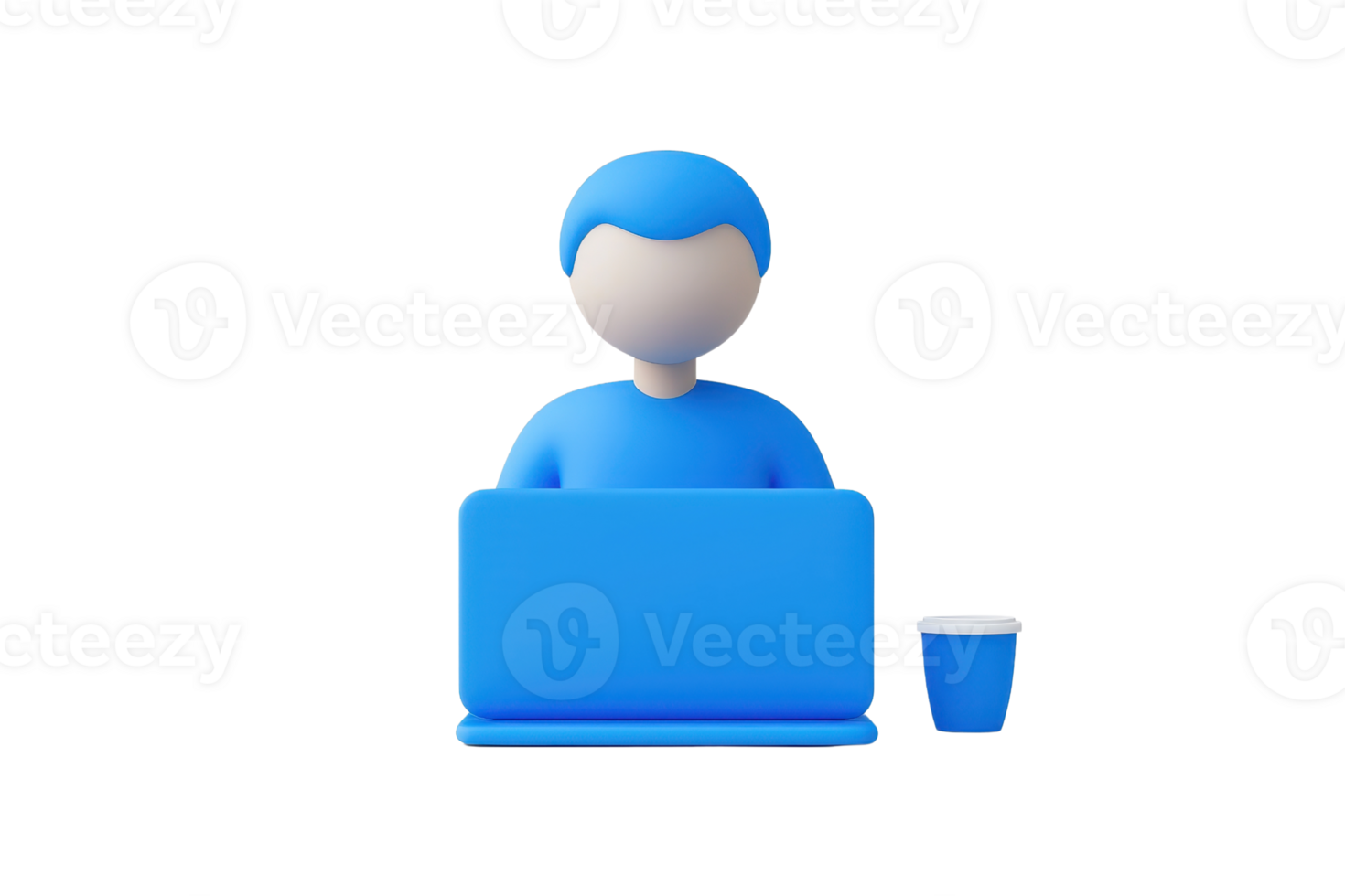 A blue figurine sits at a laptop with a coffee cup beside it, representing a modern workspace. png