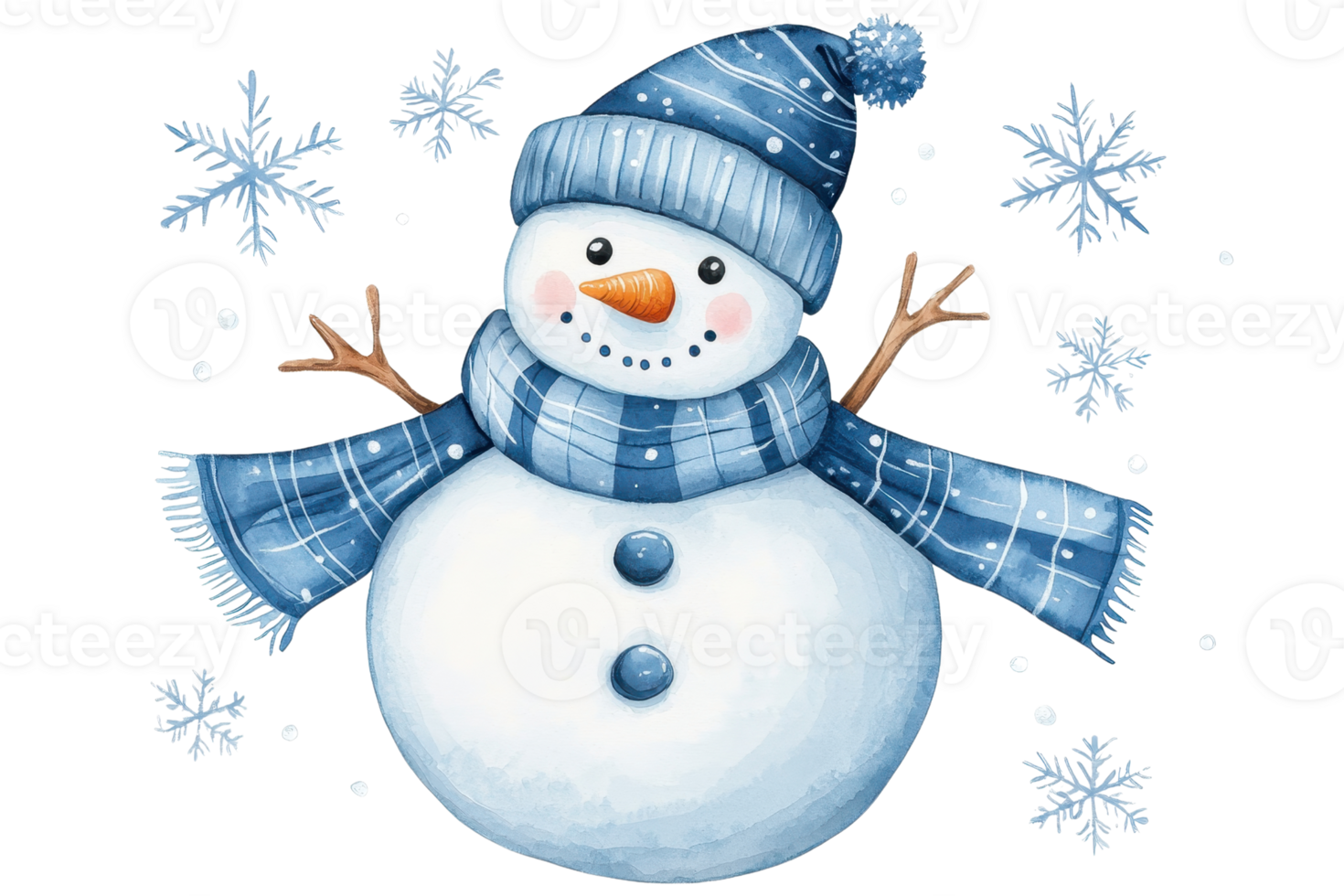 A cheerful snowman wearing a blue scarf and hat, with a smiling face and arms outstretched, surrounded by decorative snowflakes. png