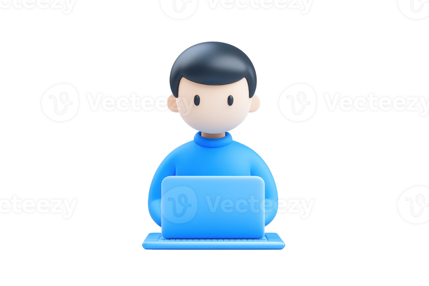 A cartoon character in a blue sweater sitting in front of a laptop, focused on the screen, representing remote work or digital engagement. png