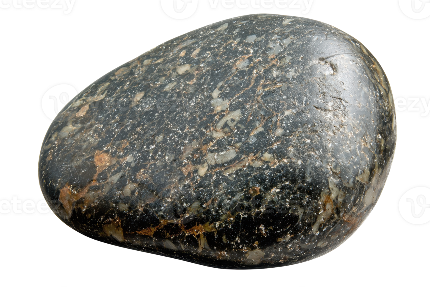 A smooth, oval stone featuring a blend of dark colors and a speckled texture, showcasing natural minerals and patterns. png