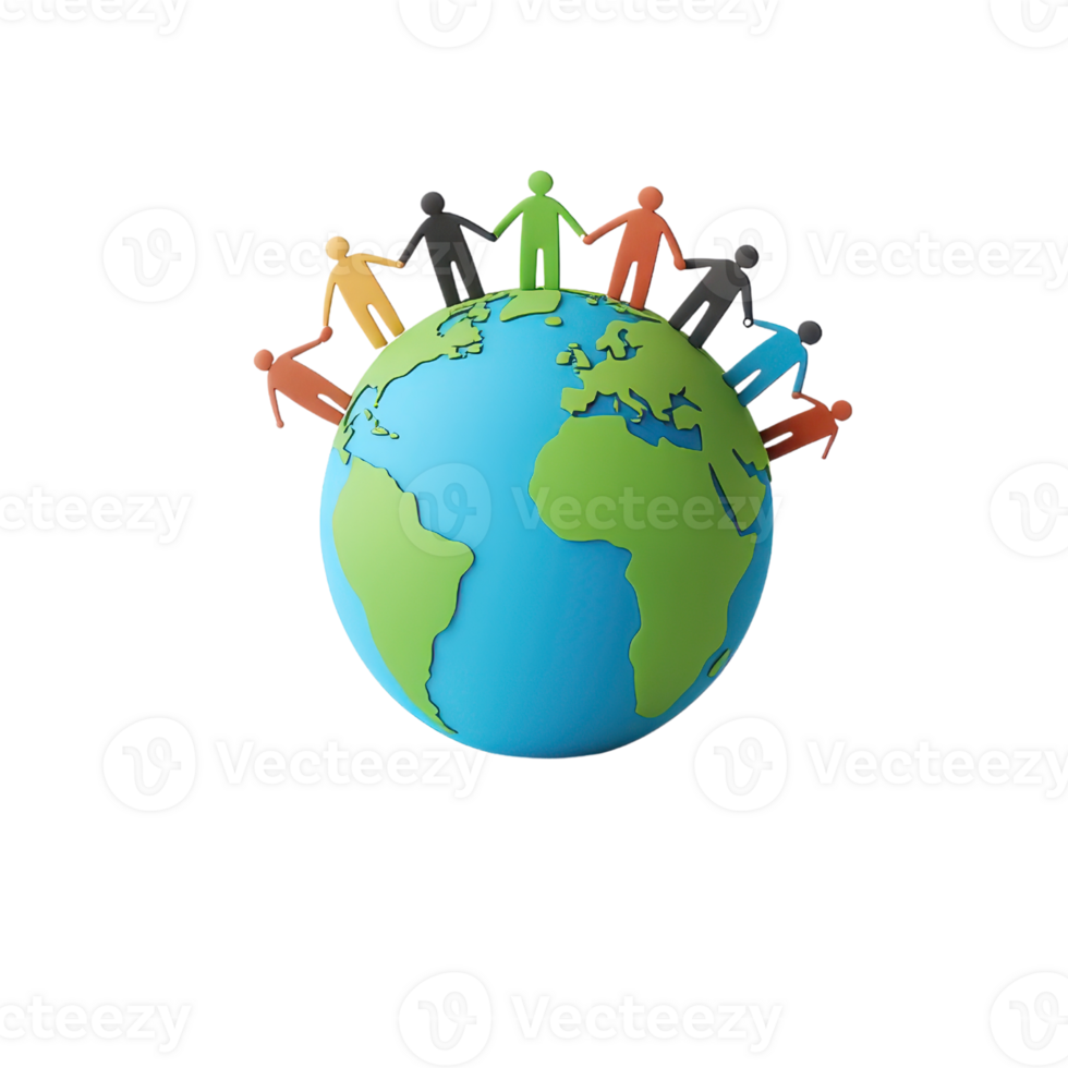 A colorful globe surrounded by diverse figures holding hands, symbolizing global unity and cooperation. png