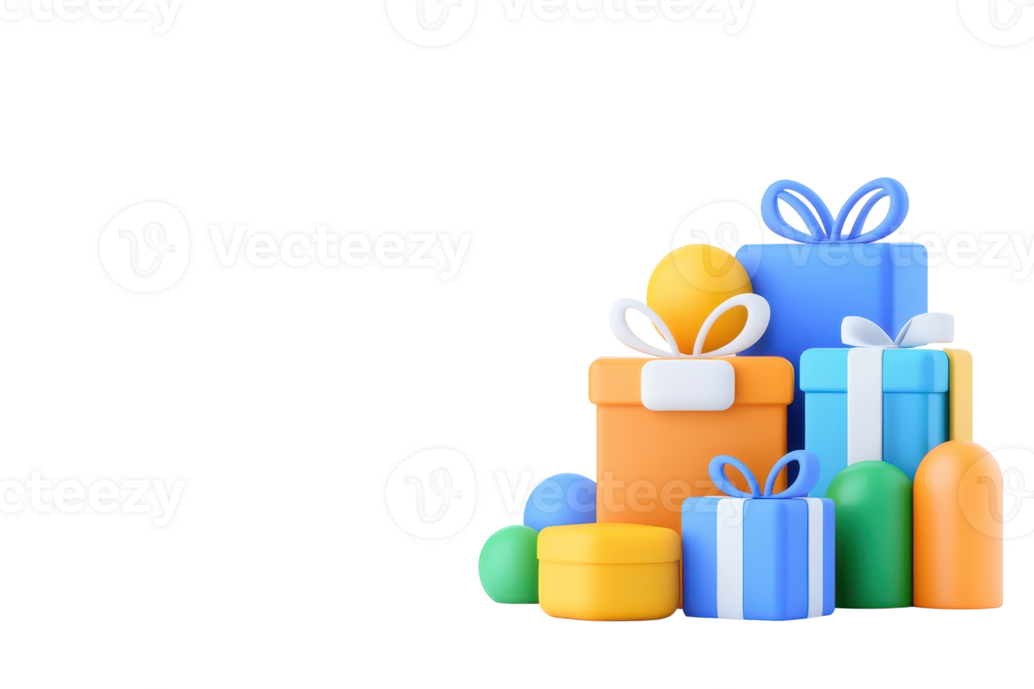 A colorful arrangement of gift boxes and decorative items, showcasing various shapes and sizes. png