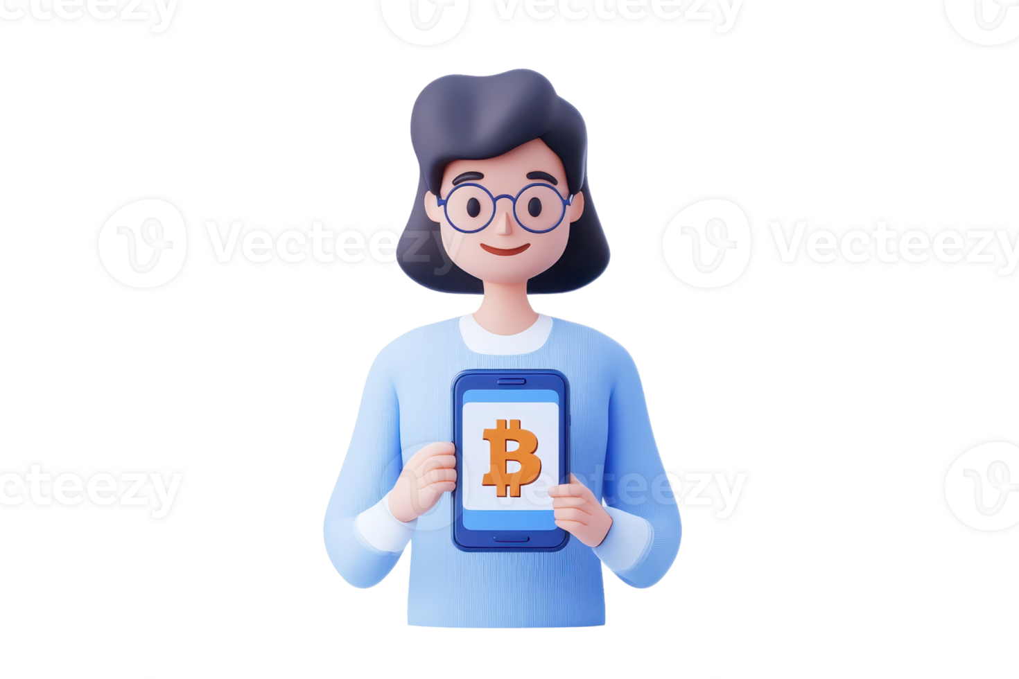 A cheerful character holds a tablet displaying a Bitcoin symbol, representing cryptocurrency and digital finance. png