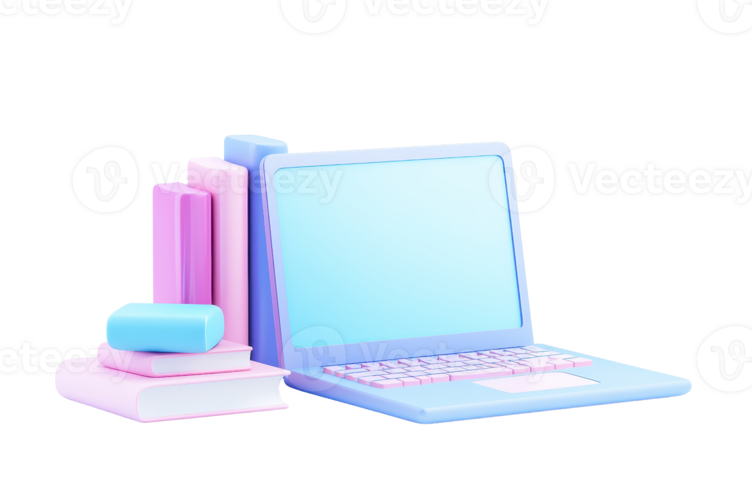 A pastel-colored laptop is positioned alongside stacked books and a bar of soap, creating a visually appealing study or workspace setup. png