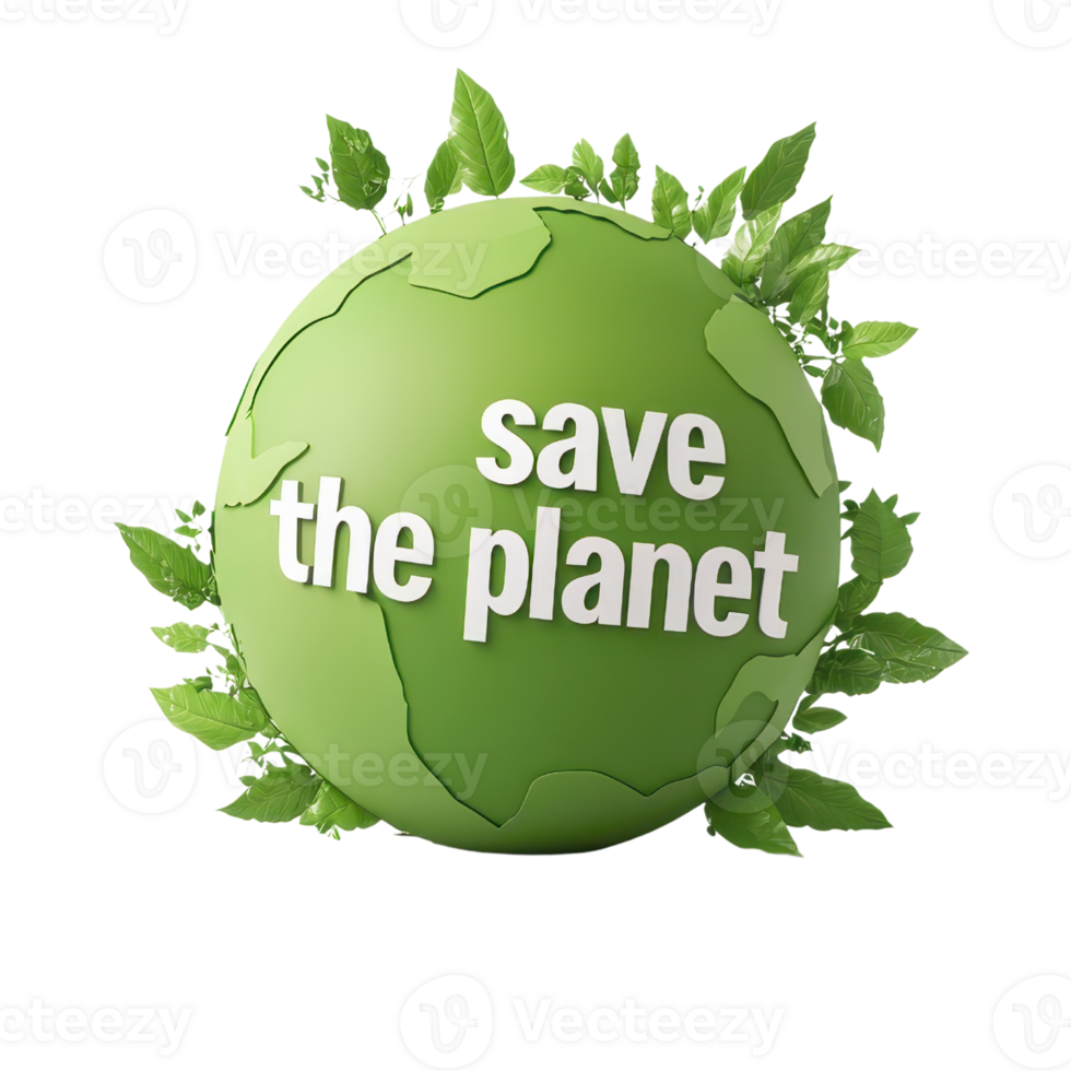 A green globe surrounded by leaves with the phrase save the planet prominently displayed. png