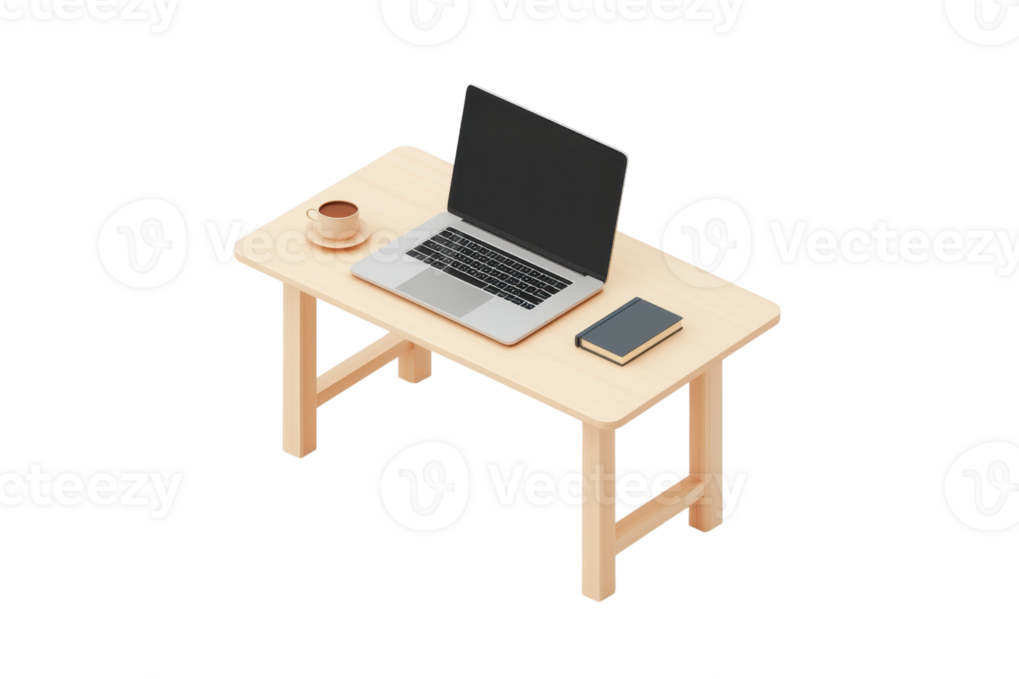 A minimalistic wooden desk featuring a laptop, smartphone, and a cup. png