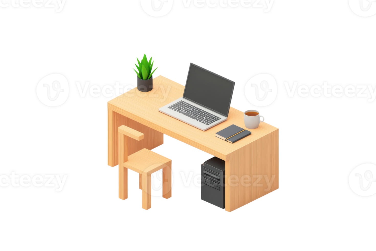 A modern desk setup featuring a laptop, notebook, plant, and coffee cup, designed for productivity and comfort. png